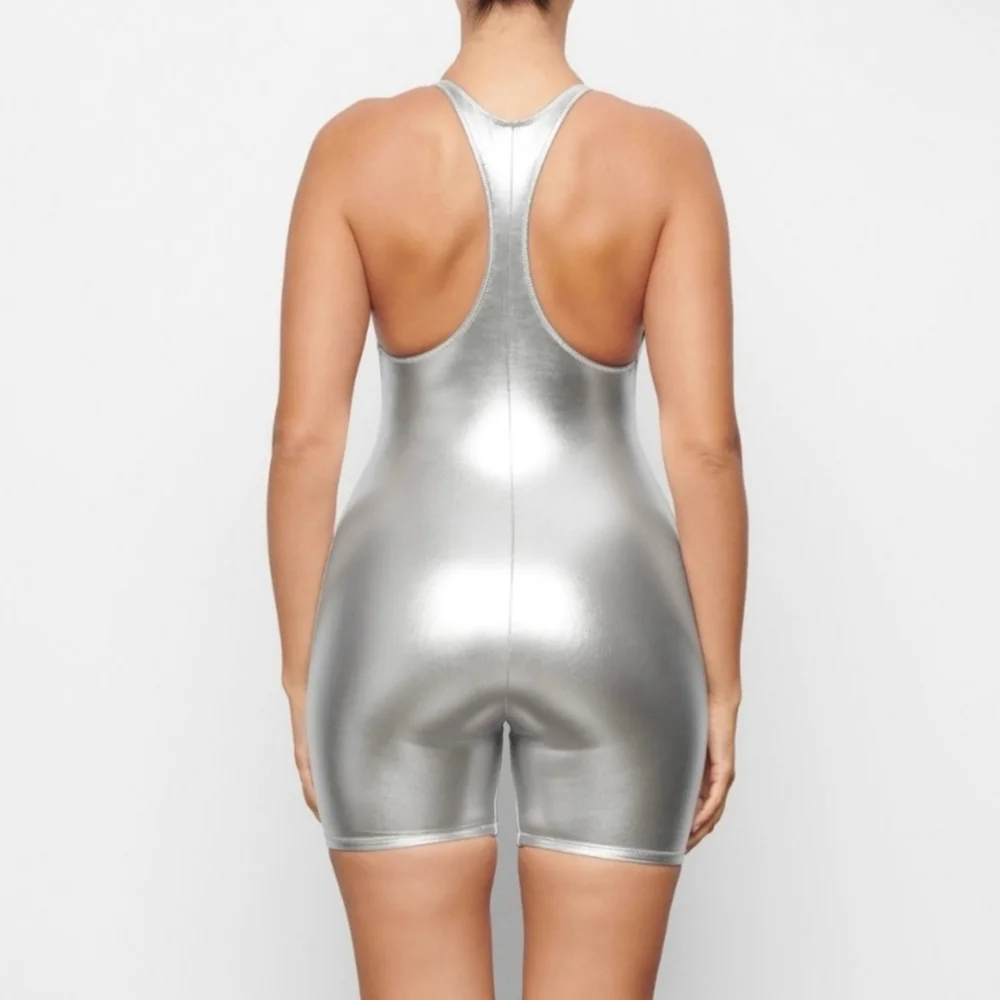 NWT SKIMS Metallic Swim Cycle Suit Size S Nickel